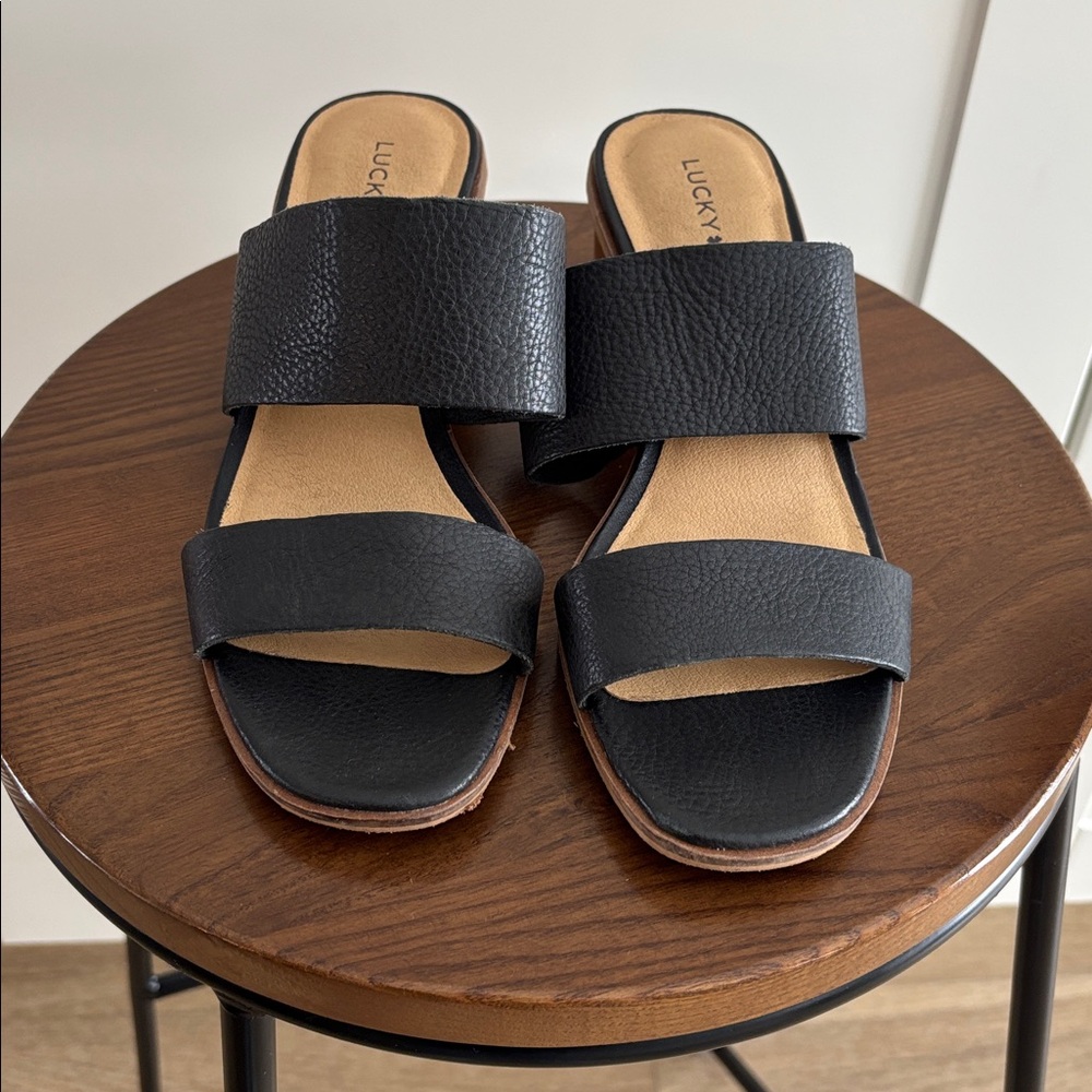 Lucky Brand Strappy Mules Black Heel Boho Leather Open Toe Size 7 Lalinna